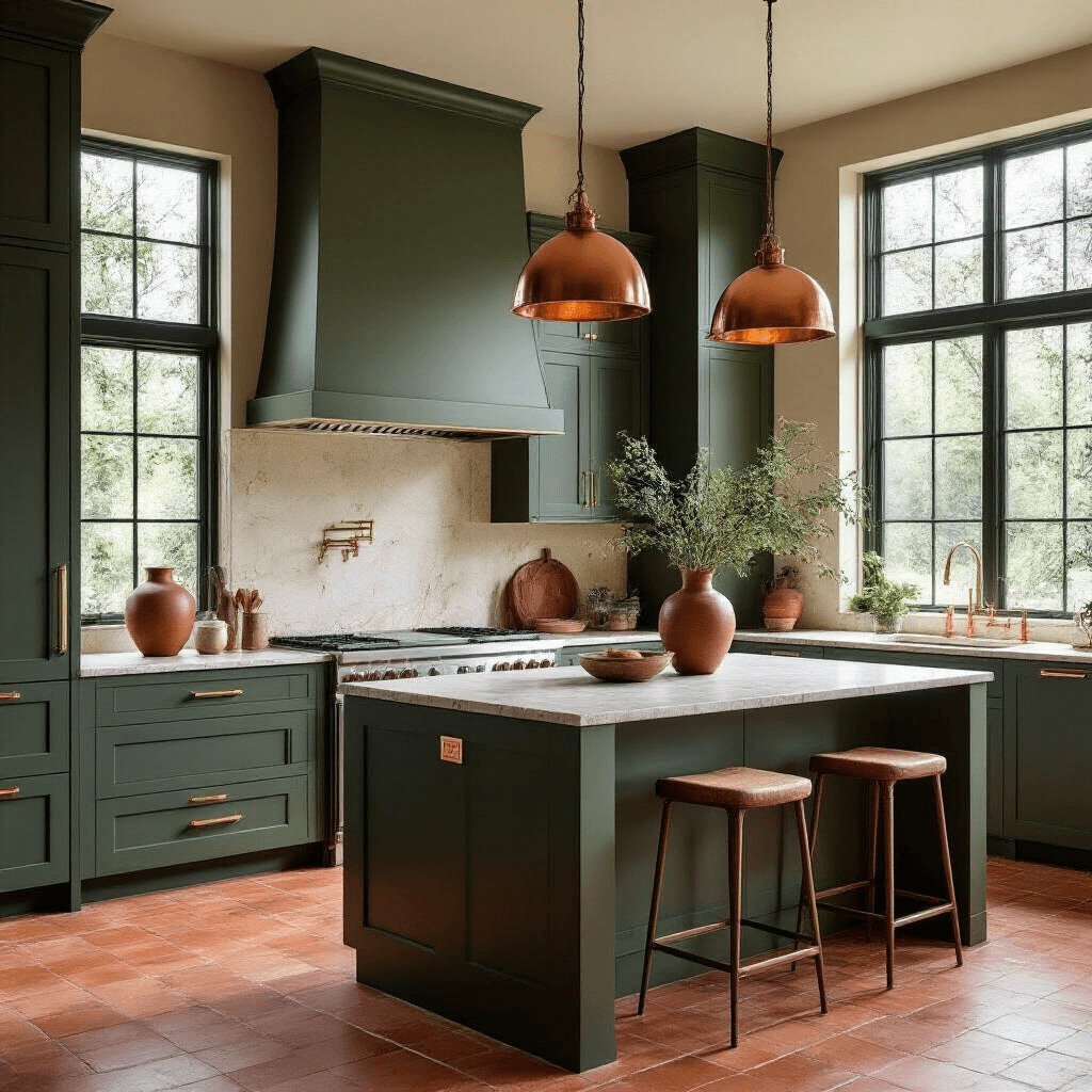 Luxurious contemporary kitchen with forest green cabinetry, brushed gold hardware, terracotta tile flooring, and warm natural light. Features minimalist marble countertops, copper pendant lights above a central island, and earthy ceramic vases, showcasing textural variations in a harmonious and sophisticated design.
