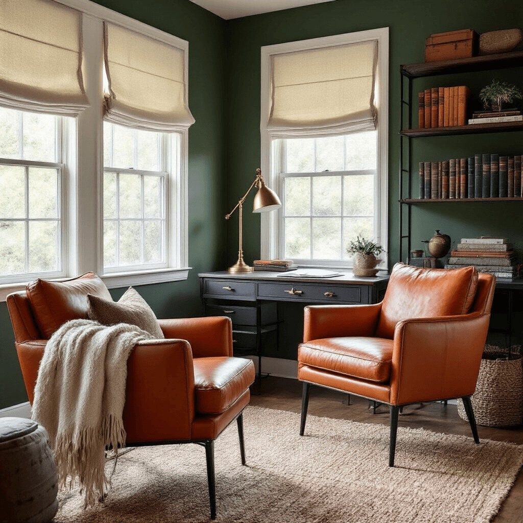 Moody home office featuring a forest green accent wall, burnt orange leather mid-century chairs, and cream roman shades, with black metal bookshelves and a vintage brass desk lamp, showcasing textural elements like a wool throw and woven jute rug, illuminated by soft afternoon light that enhances color interactions.