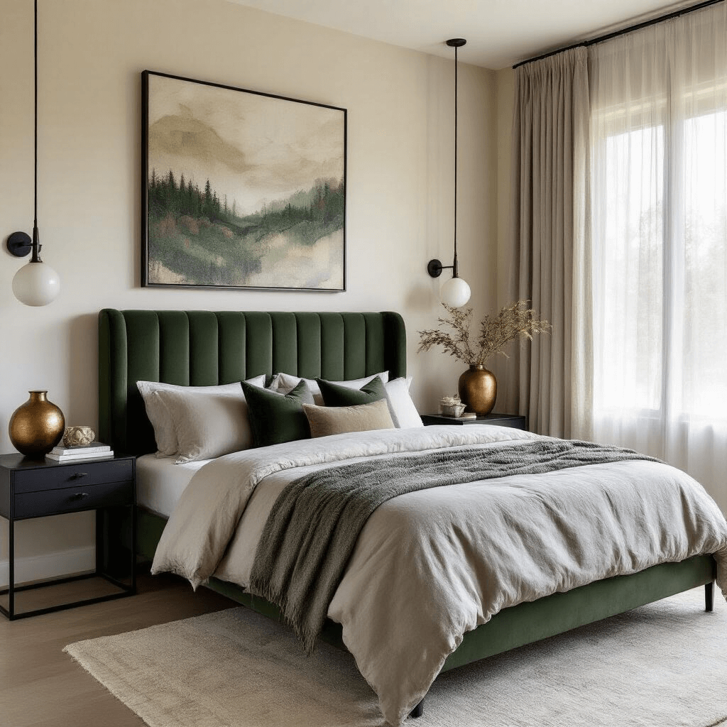 Elegant bedroom featuring a forest green velvet headboard, cream walls, and a black metal frame bed adorned with soft gray linen bedding. Decorated with bronze decorative objects on minimalist nightstands and a large abstract art piece in earthy tones, natural light filters through sheer curtains, highlighting macro textures and sophisticated color harmony.