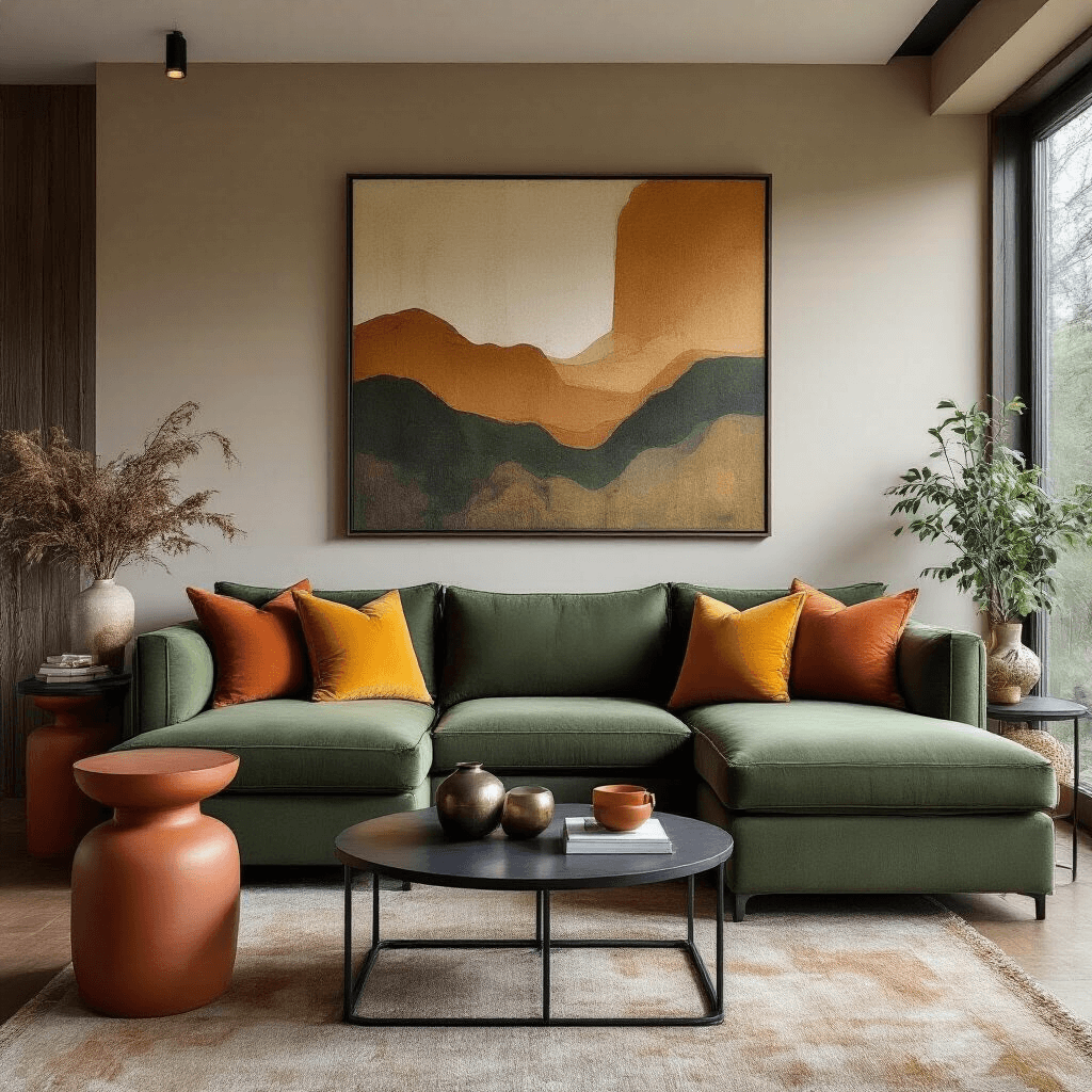 Contemporary living room featuring a forest green sectional sofa with mustard yellow accent pillows, terracotta ceramic side tables, and a black metal frame coffee table, all set on warm wood flooring; includes large earth-toned abstract art and metallic accessories, illuminated by soft natural light in a wide-angle architectural perspective.