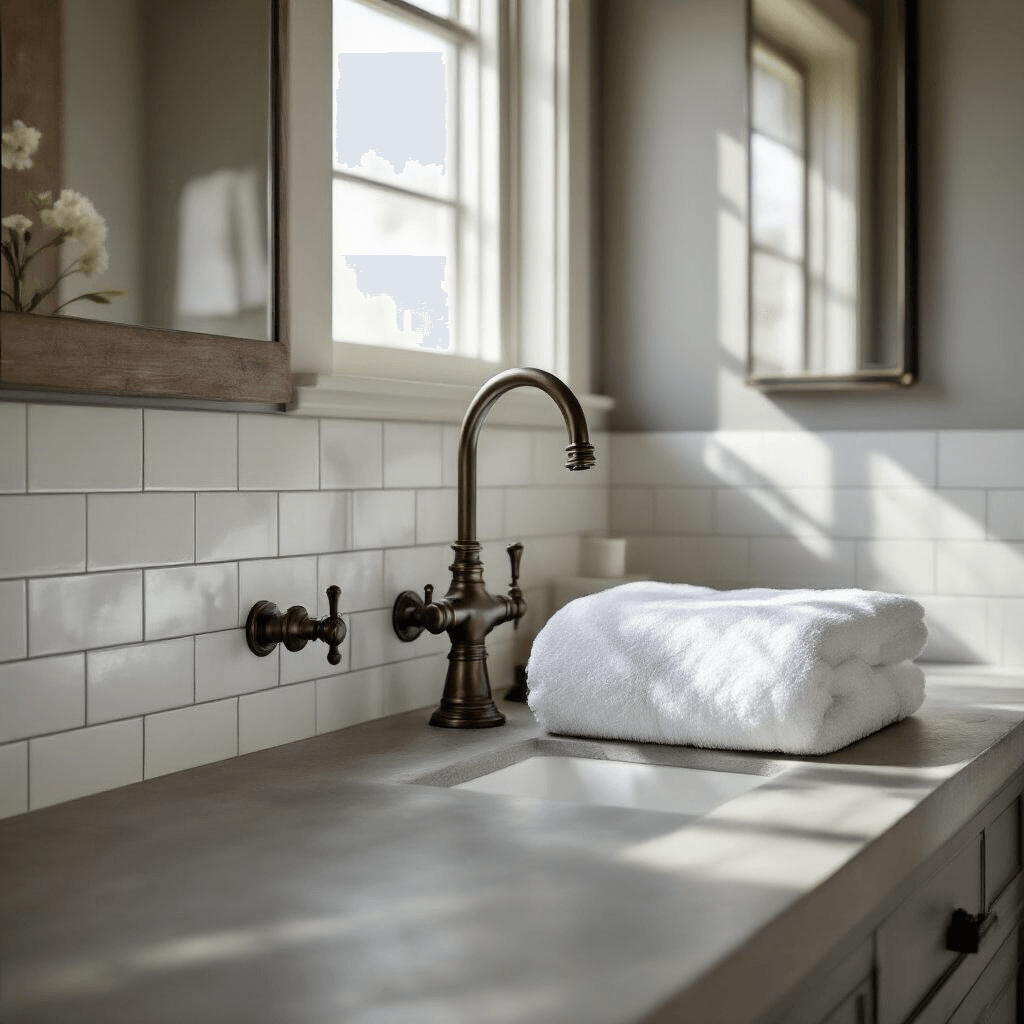 Ultra-realistic interior shot of a modern farmhouse bathroom with warm gray walls, white subway tile, a detailed bronze faucet, and soft morning light through frosted windows, featuring brushed concrete floor tiles and a neatly folded white towel on a matte black towel rack, captured from an elevated angle.