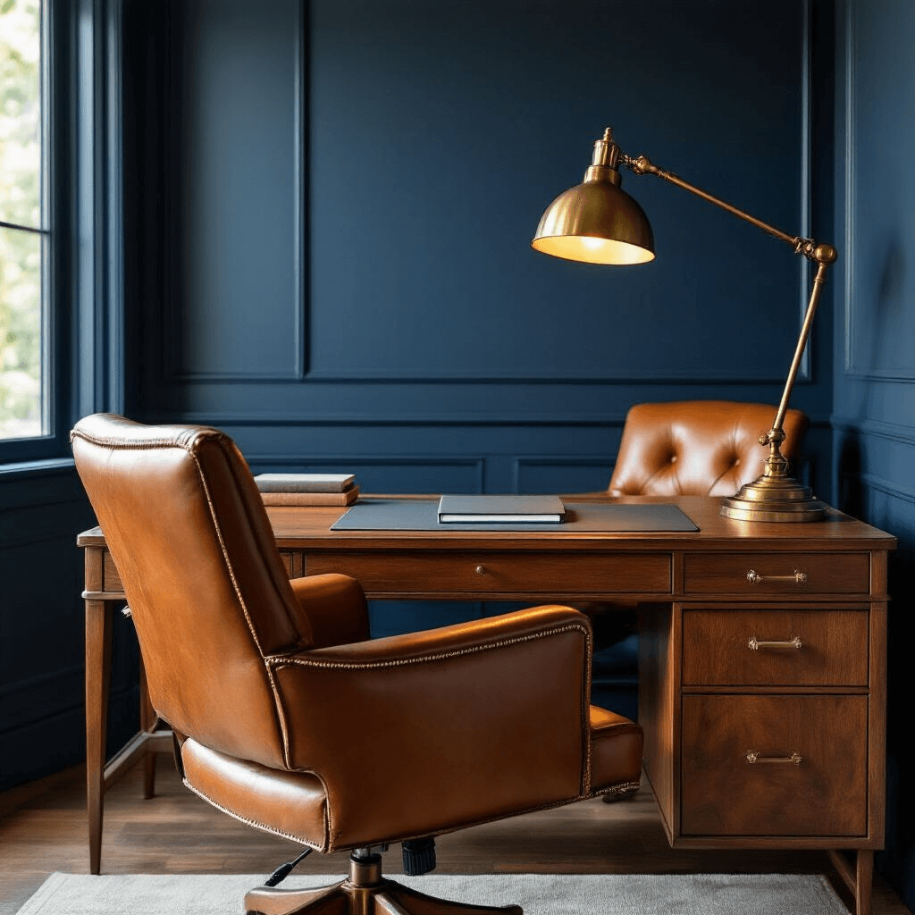 Sophisticated home office with deep navy blue walls, a walnut mid-century modern desk, antique bronze desk lamp, and caramel brown leather chair, illuminated by soft afternoon light, featuring minimal accessories like a slate gray notebook and vintage brass paperweight, captured from a low angle.