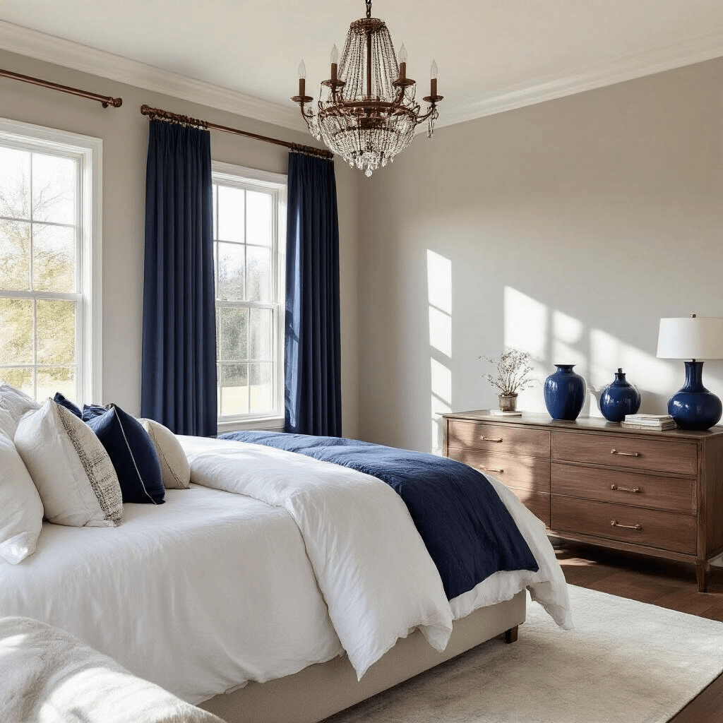 Elegant master bedroom with greige walls, navy bedding, bronze chandelier, and a walnut dresser adorned with blue vases, captured in soft morning light highlighting textural details and color harmony.