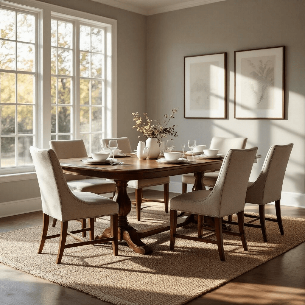 Ultra-realistic dining room with golden hour sunlight illuminating a walnut dining table and upholstered chairs, showcasing elegant dinnerware and a jute rug, against soft gray walls with modern artwork.