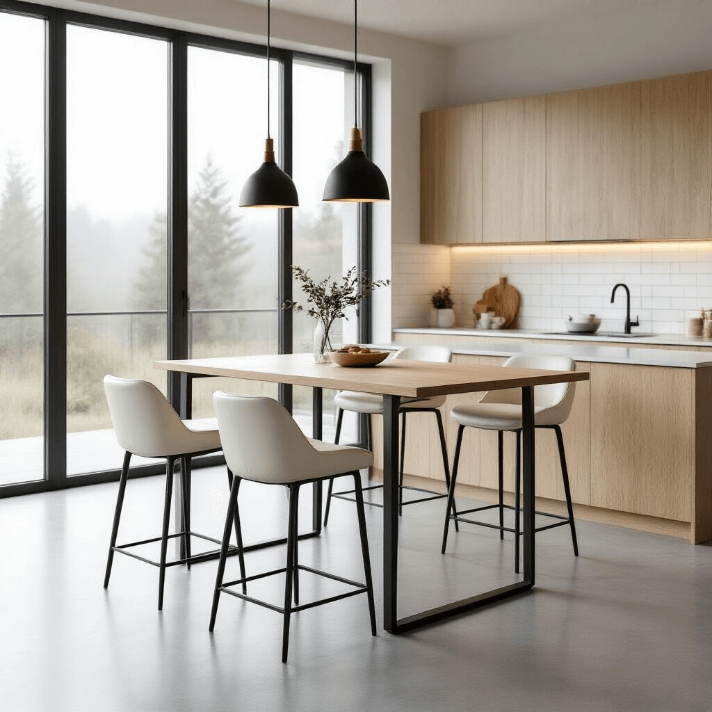 Aerial view of a Scandinavian-inspired open concept kitchen and dining area featuring a minimalist pale oak counter-height dining table, three modern white leather bar stools, large windows with misty morning light, a concrete floor, white subway tile backsplash, and matte black pendant lights.