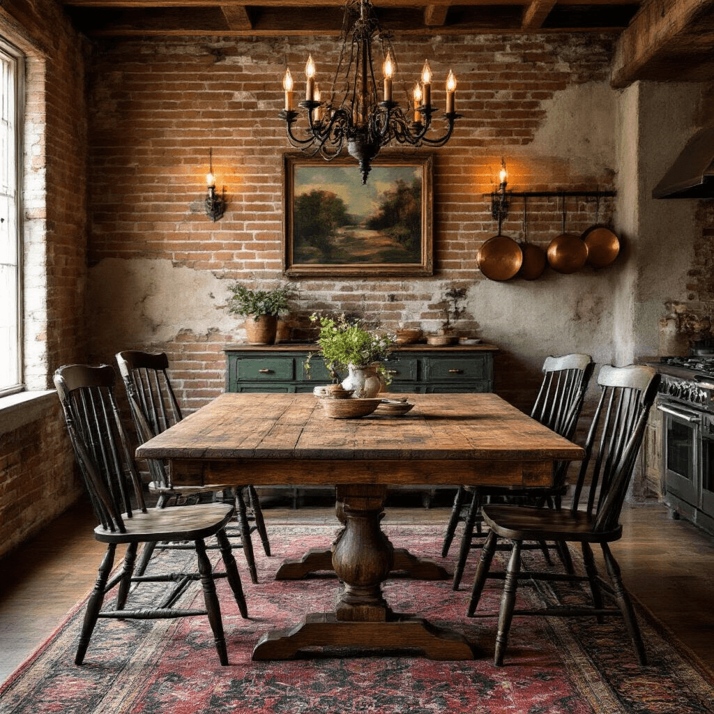 Rustic farmhouse dining room featuring a vintage 28-inch reclaimed wood table with rich patina, mismatched Windsor-style chairs in forest green and weathered blue, a wrought iron chandelier, an exposed brick wall with aged plaster, a worn Persian runner, and copper kitchen tools, all captured in warm amber lighting for an intimate atmosphere.