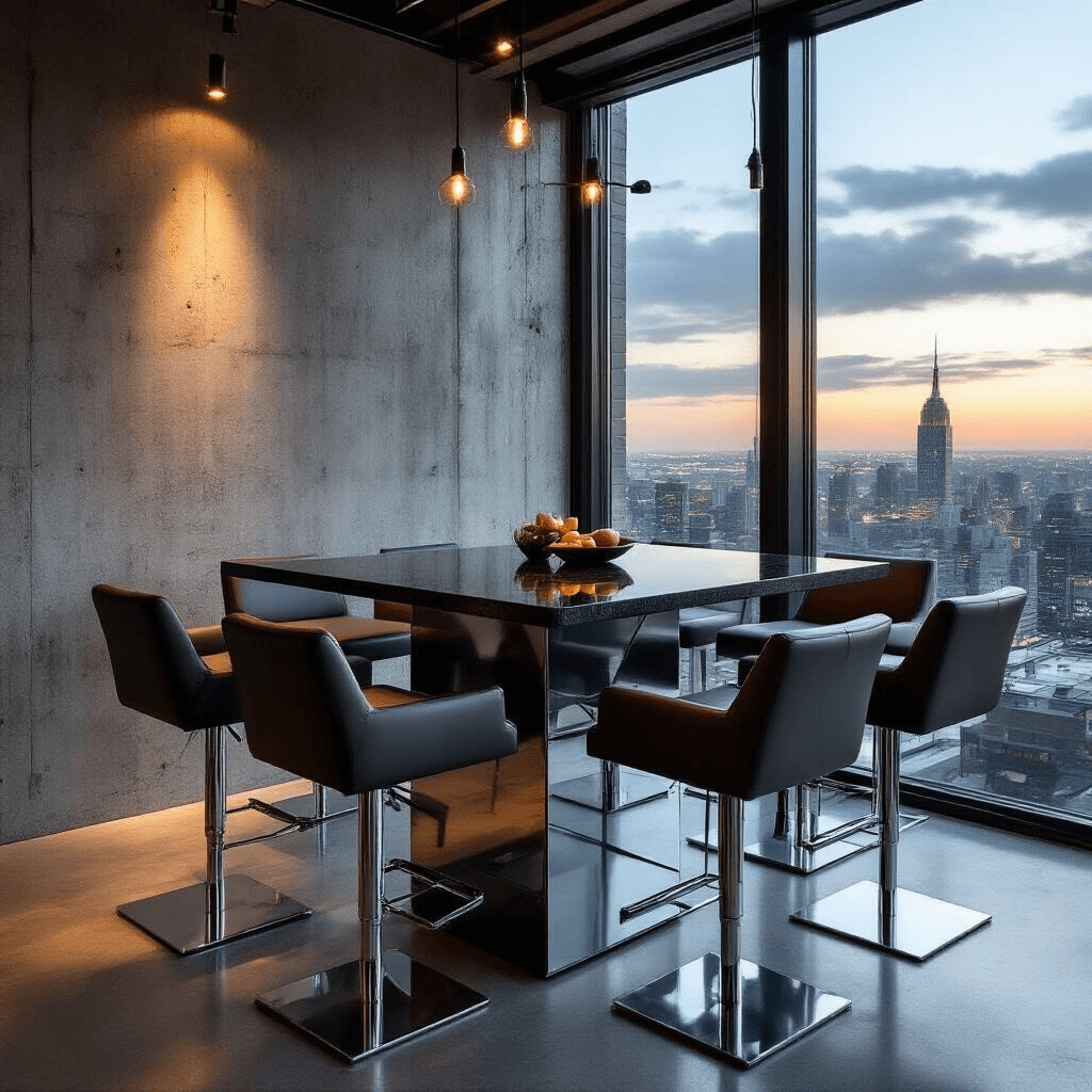 Contemporary urban loft dining space with a sleek 42-inch bar-height table featuring a glossy black granite surface and chrome geometric base, surrounded by four adjustable charcoal gray leather bar stools. Floor-to-ceiling windows showcase a twilight cityscape reflection against industrial concrete walls with dramatic track lighting highlighting architectural lines.