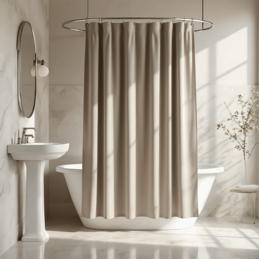 A photorealistic bathroom interior featuring a soft taupe shower curtain draped on a curved chrome rod, muted marble tiles reflecting morning light, a minimalist white pedestal sink with brushed nickel fixtures, and soft natural light filtering through a frosted window.