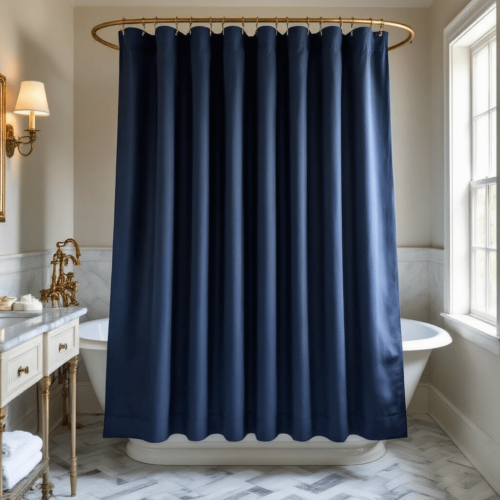 An expansive bathroom with a navy blue textured shower curtain on a curved rod above a vintage clawfoot tub, antique brass fixtures shimmering in warm sunlight, herringbone marble flooring, and neatly folded white towels on a marble-topped vanity, shot from a low angle to highlight the curtain's width and elegance.