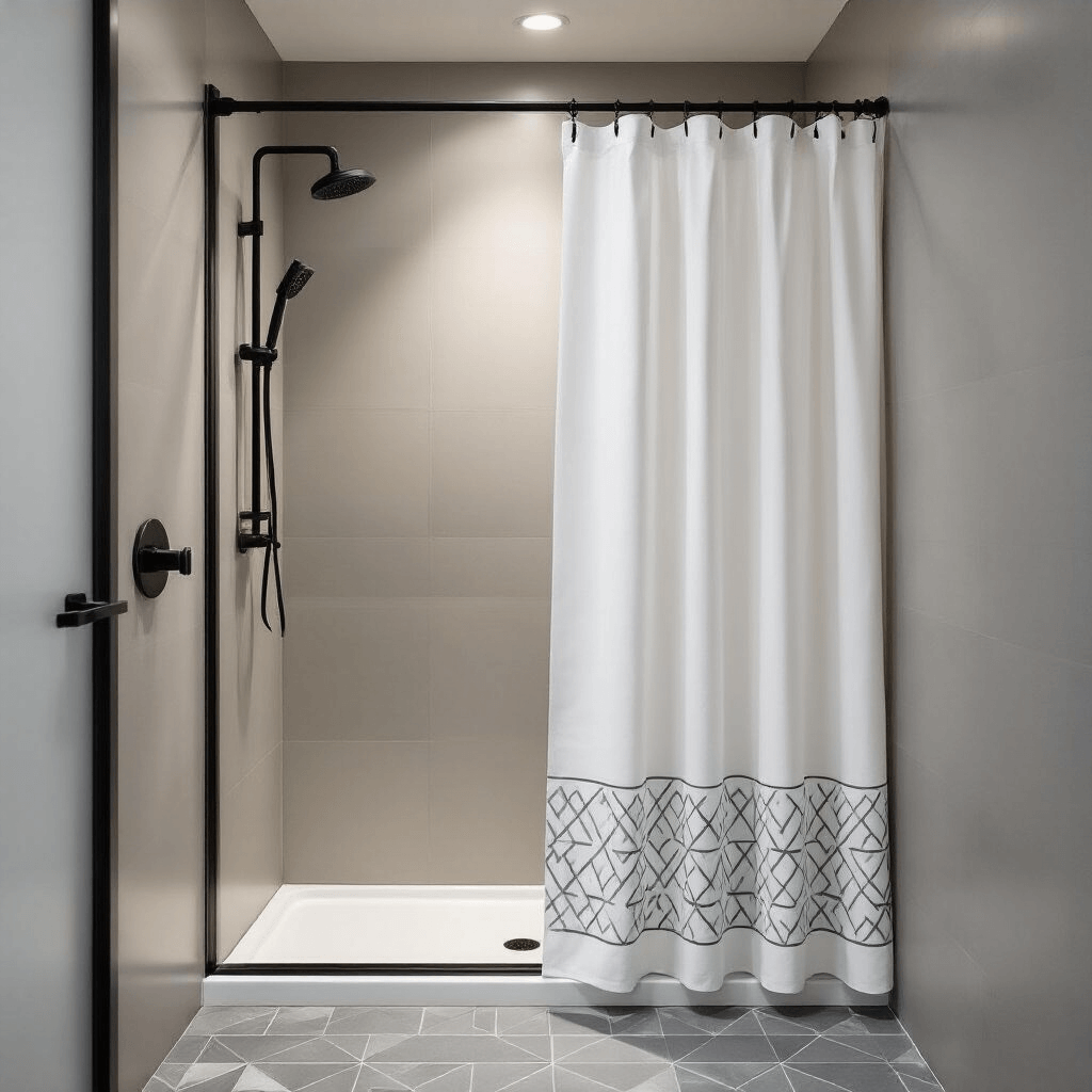 Compact urban bathroom featuring a 54x78 white shower curtain with geometric pattern, sleek matte black fixtures, frameless glass elements, and soft gray geometric floor tiles, with overhead lighting accentuating the modern minimalist design.