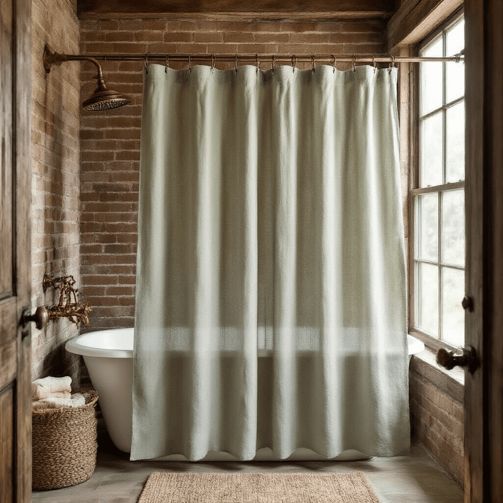 A rustic farmhouse bathroom with a sage green extra-tall shower curtain in soft linen texture, mounted on a reclaimed wood rod, against an exposed brick wall, featuring vintage brass fixtures and a large window for natural light, with a woven bath mat in earth tones.