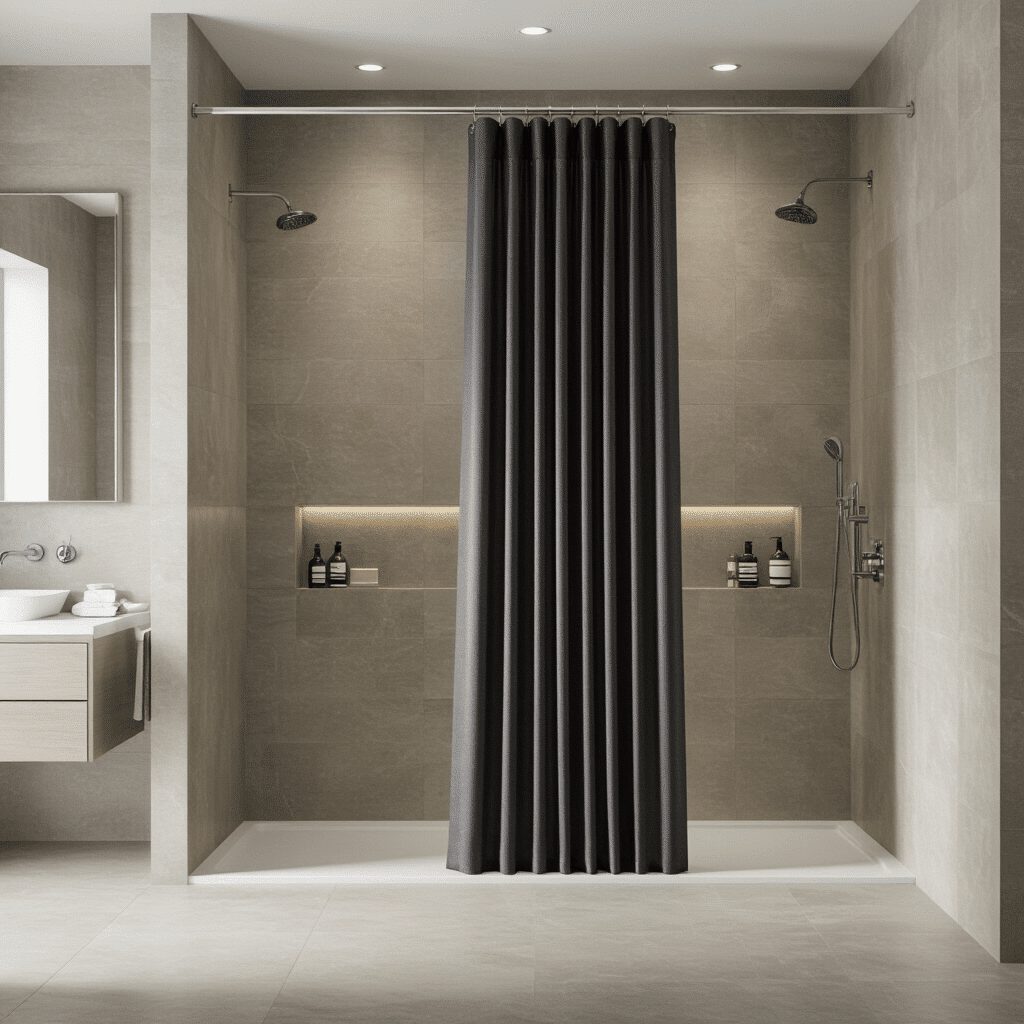 A spacious contemporary master bathroom featuring a 72x96 deep charcoal oversized shower curtain with subtle metallic thread in a walk-in shower, surrounded by floor-to-ceiling light greige porcelain tiles, complemented by a minimalist floating vanity and strategic recessed lighting.
