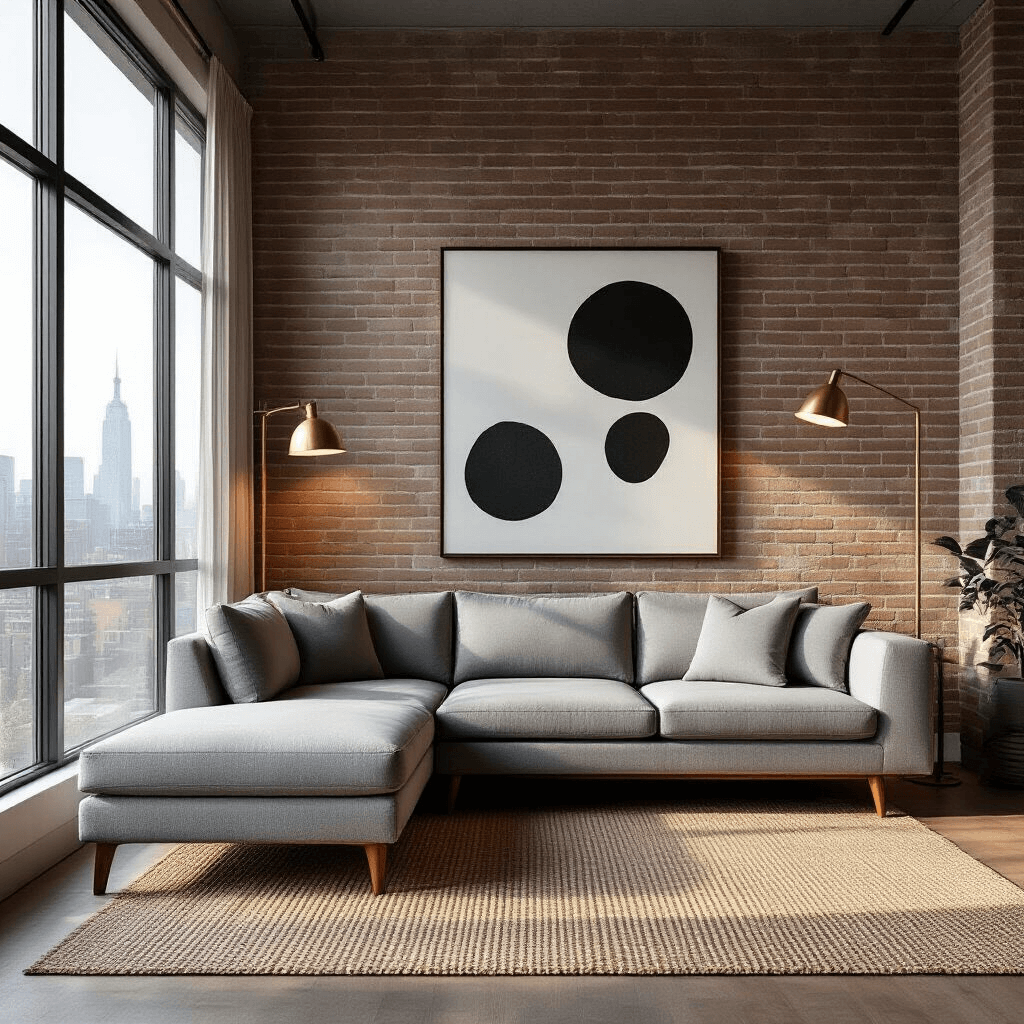 Ultra-realistic mid-century modern living room featuring a dove gray sectional sofa on a jute rug, black and white abstract art on a brick wall, and a city skyline view through large windows, all bathed in soft morning light.