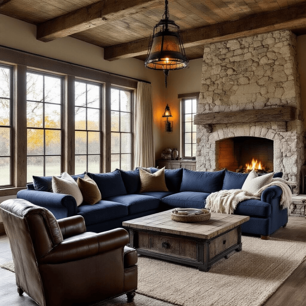 Cozy rustic great room featuring a deep navy oversized sectional, antique leather armchair, reclaimed wood coffee table, and a large stone fireplace, illuminated by warm amber light and late afternoon sunlight streaming through distressed wooden window frames.