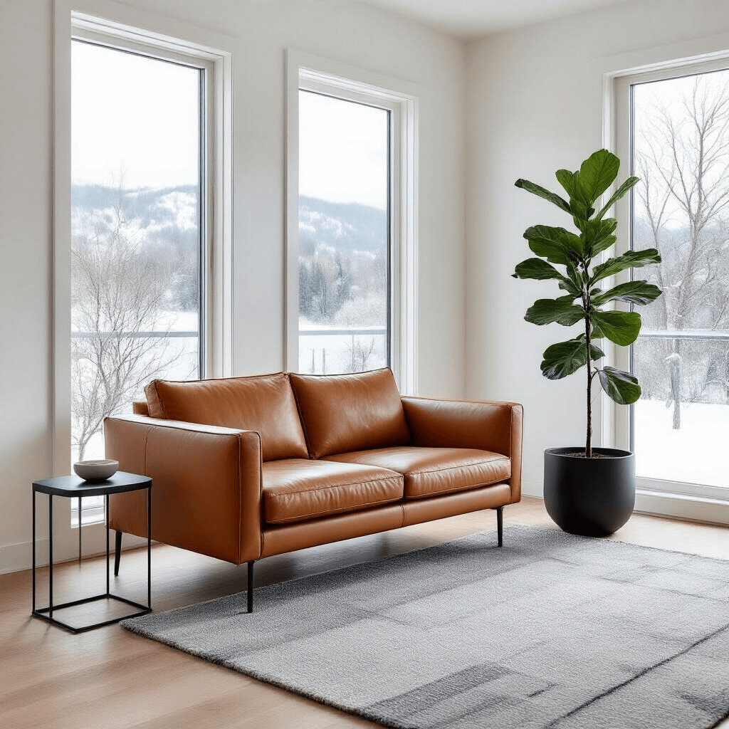 Contemporary Scandinavian minimalist living space with light oak floor and white walls, featuring a warm caramel leather loveseat, snow-covered landscape view through large windows, a fiddle leaf fig in a black pot, a gray geometric wool rug, and a brushed steel side table, showcasing soft natural light and an emphasis on negative space.