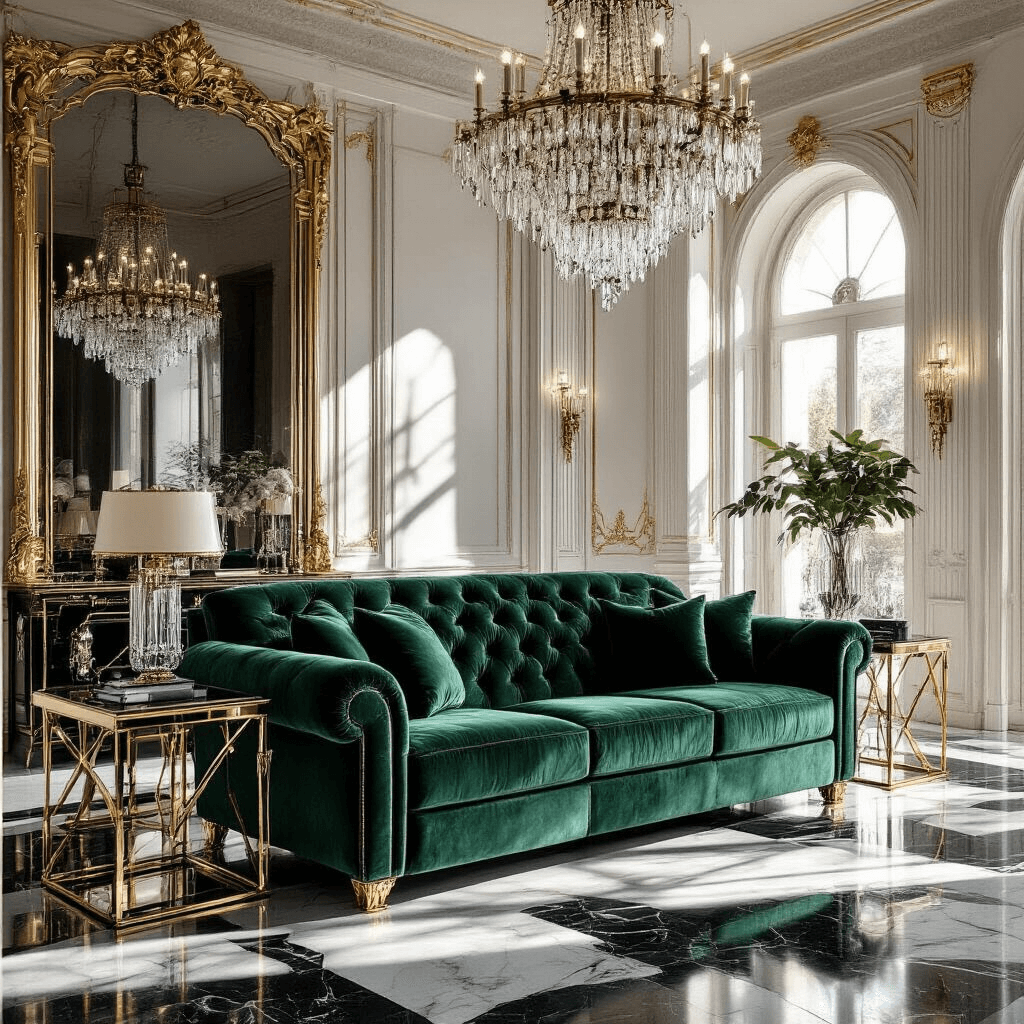 Luxurious art deco living room featuring an emerald green velvet reclining sofa, gold metal accents, mirrored side tables, and a crystal chandelier, set on a black and white marble floor; dramatic lighting highlights architectural details and creates a rich, theatrical ambiance.