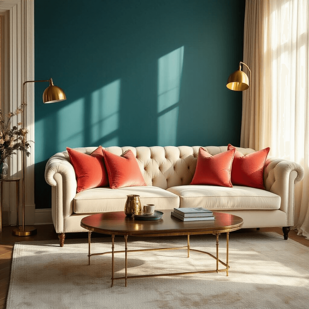 A sophisticated living room featuring a deep teal accent wall, cream velvet sofa at a 45-degree angle with coral throw pillows, warm golden sunlight through sheer curtains, a natural wood coffee table with brass details, and an elegant gold floor lamp, all in a warm neutral palette with strategic color pops.