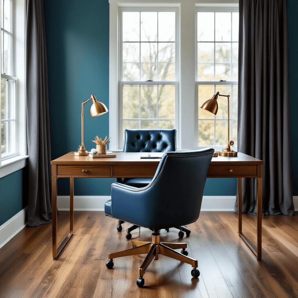 Intimate home office with teal accent wall, sleek wooden desk, navy leather chair, large windows with soft light, warm wood flooring, gold desk accessories, minimalist artwork, charcoal gray curtains, and brass desk lamp.