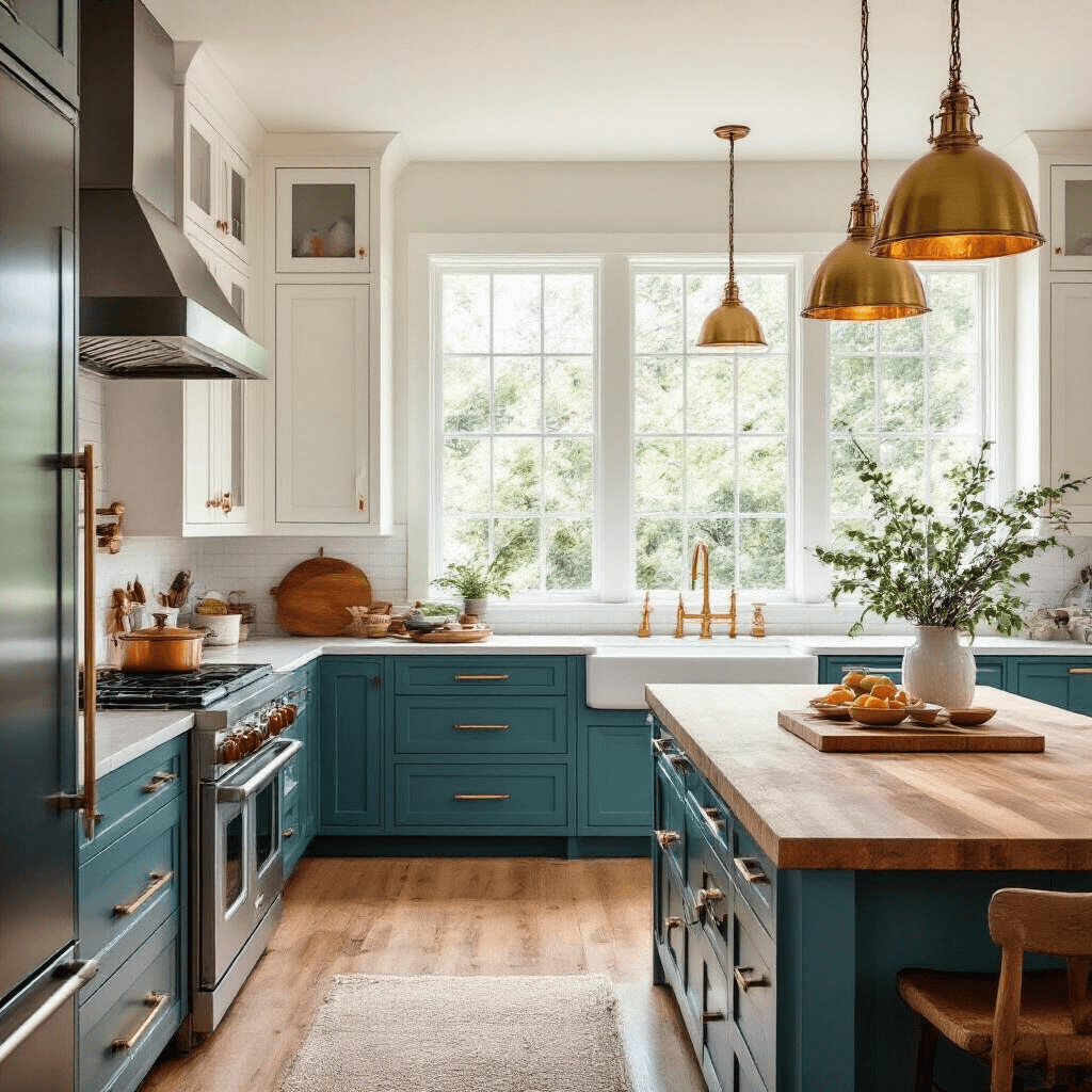 Modern kitchen with teal lower cabinets and white upper cabinets, warm butcher block countertops, brass pendant lights, large windows allowing natural light, and styled with copper cooking accessories and wooden cutting boards, showcasing a welcoming and balanced design.