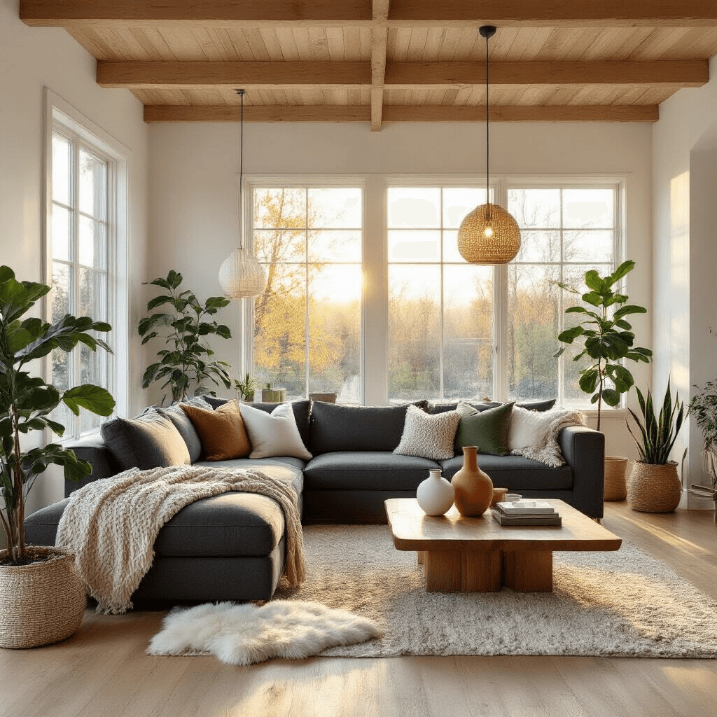 A Scandinavian living room showcasing warm oak floors, white walls, and blonde wood beams, illuminated by golden hour light. Features a charcoal sectional sofas with cream and sage throws, a live-edge walnut coffee table with ceramic vessels, sheepskin rugs, and potted fiddle leaf figs and snake plants, under Danish modern pendant lights.