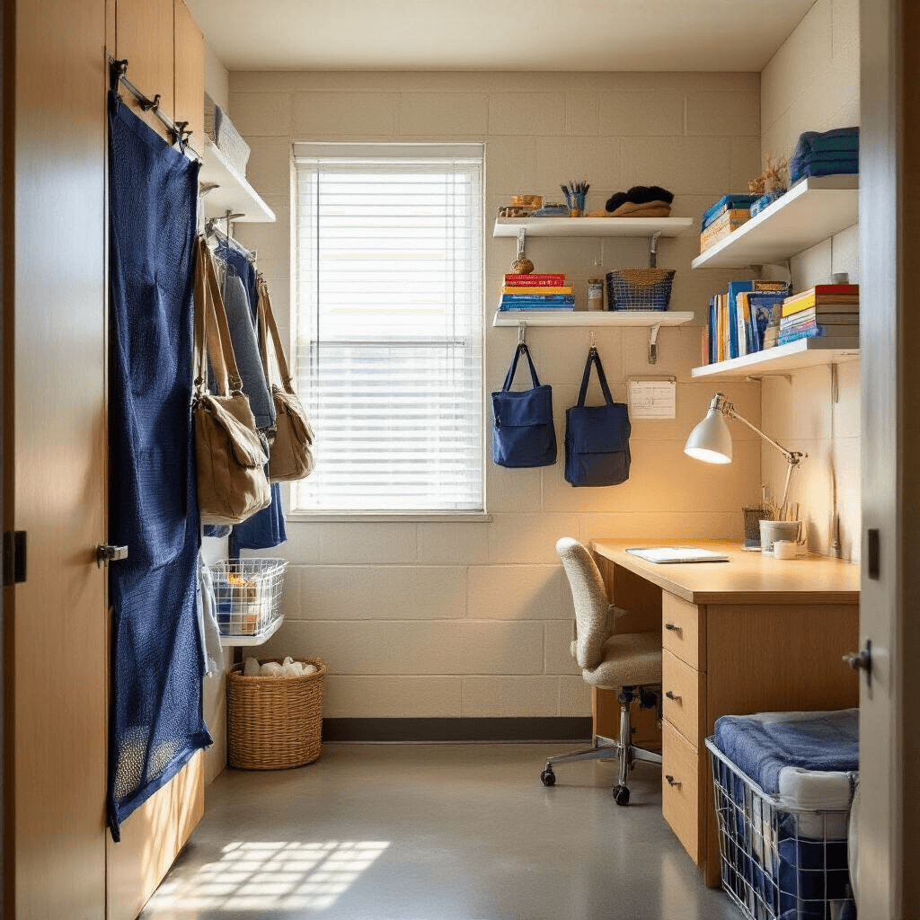 Interior view of a compact college dorm room with cream cinderblock walls, featuring wall organization systems, over-the-door organizers, a blonde wood desk with floating shelves, and sunlight casting shadows on a polished concrete floor.