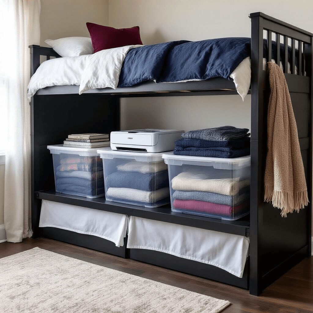 Interior photograph of a raised dorm bed with under-bed storage, featuring translucent bins and a printer, illuminated by soft morning light, with a white bed skirt, burgundy pillow, and textured throw blanket.
