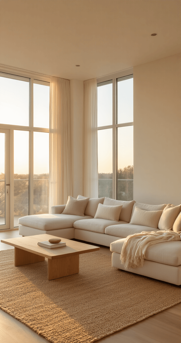 Wide-angle view of a minimalist modern living room bathed in warm golden hour sunlight, featuring light walnut furniture, a floating oatmeal linen sectional sofa, a low oak coffee table, and a natural fiber jute rug, all reflecting a serene and uncluttered atmosphere.
