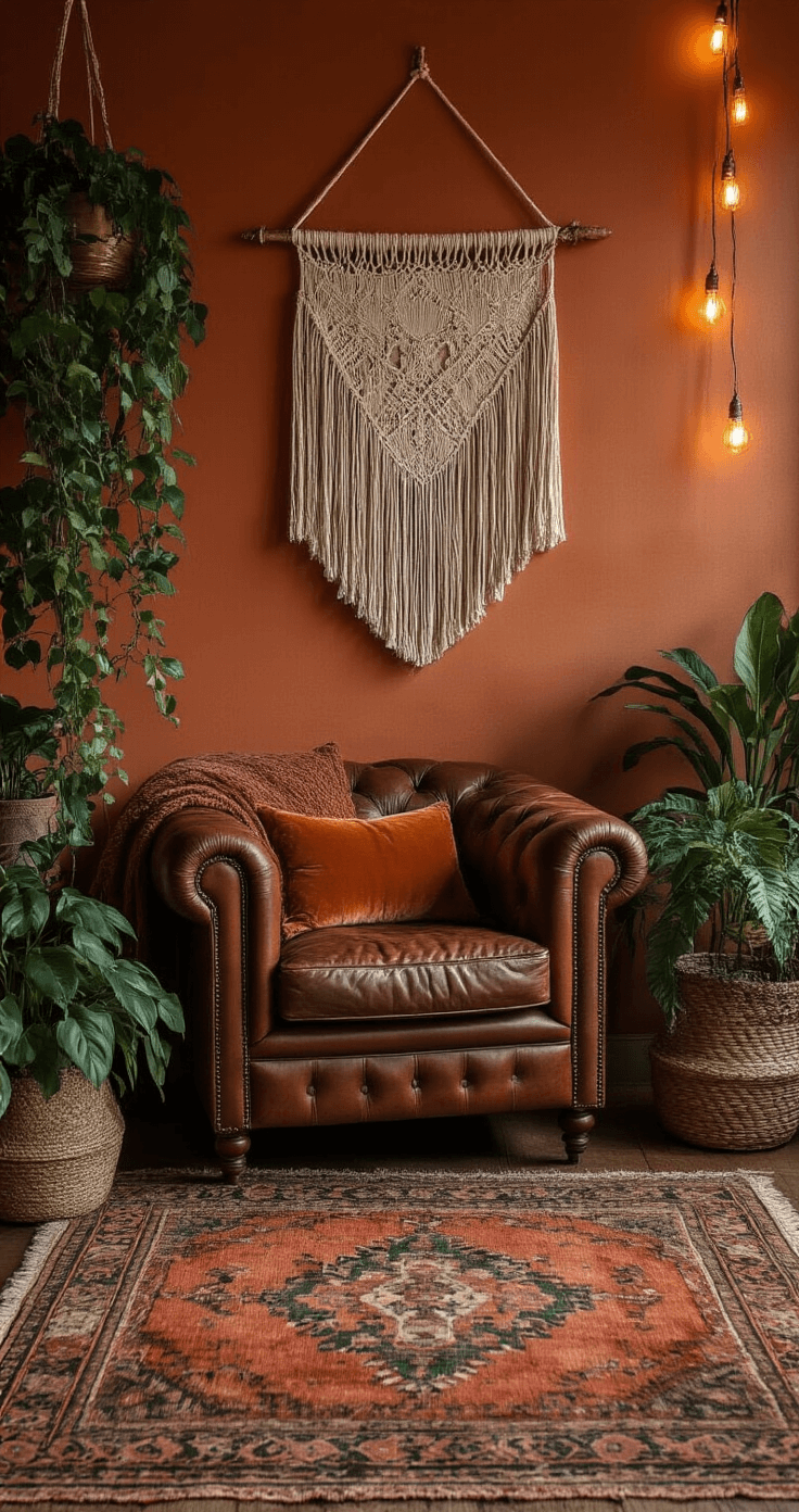An intimate boho-vintage living room featuring terracotta and sage green decor, a vintage leather club chair, macrame wall hanging, layered rugs, trailing pothos in woven baskets, and warm Edison bulb string lights creating a cozy atmosphere.