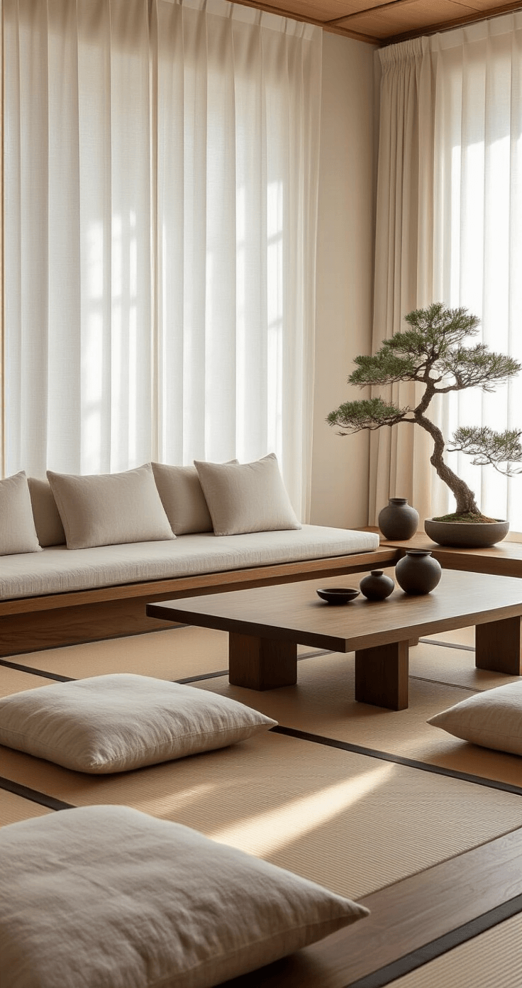 Japandi-style living room featuring a low walnut platform sofa with linen cushions, a minimalist coffee table, and tatami-style floor cushions in a sunken conversation area, illuminated by soft morning light through sheer linen curtains, with a neutral palette and decorative bonsai tree.