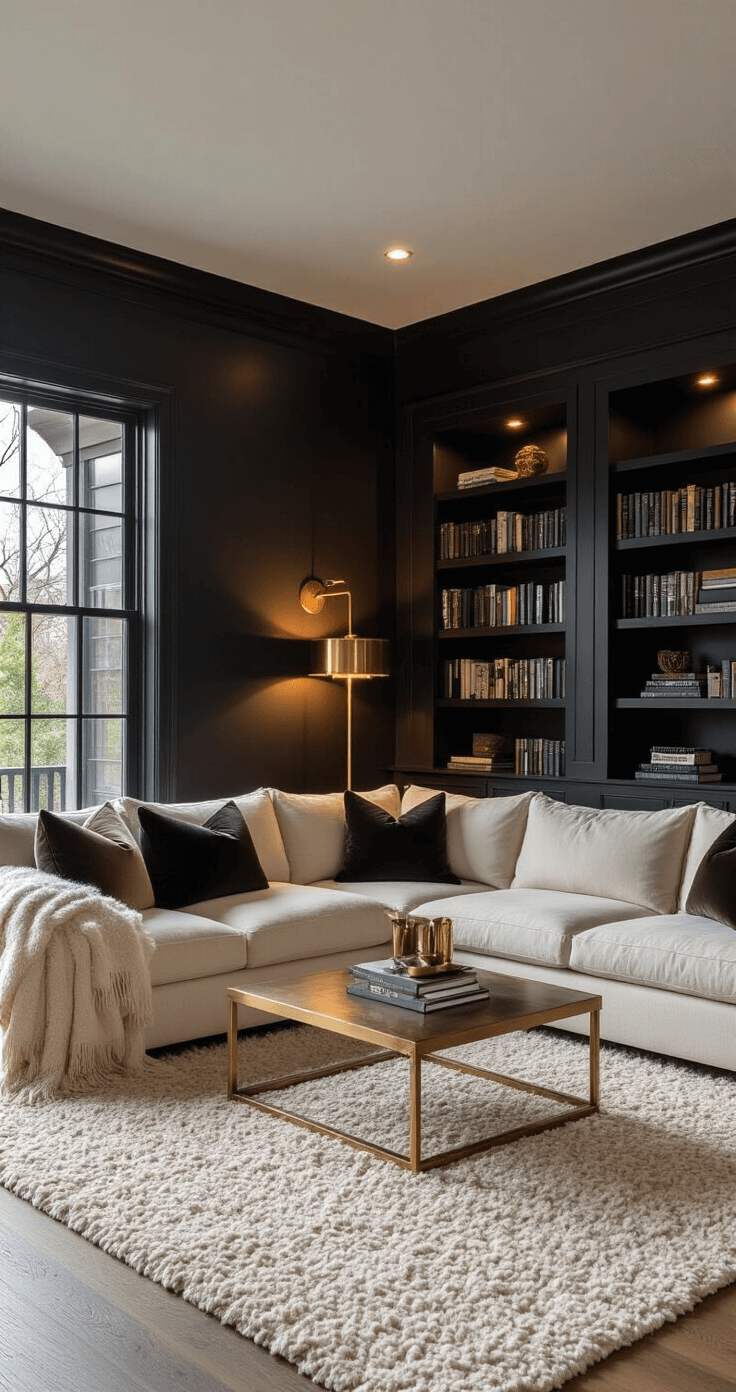 A cozy living room with dark charcoal walls, featuring a cream sectional sofa, brass table lamps, and rich textures like velvet pillows and mohair throws, illuminated by warm lighting and complemented by light oak furniture and floor-to-ceiling bookshelves.