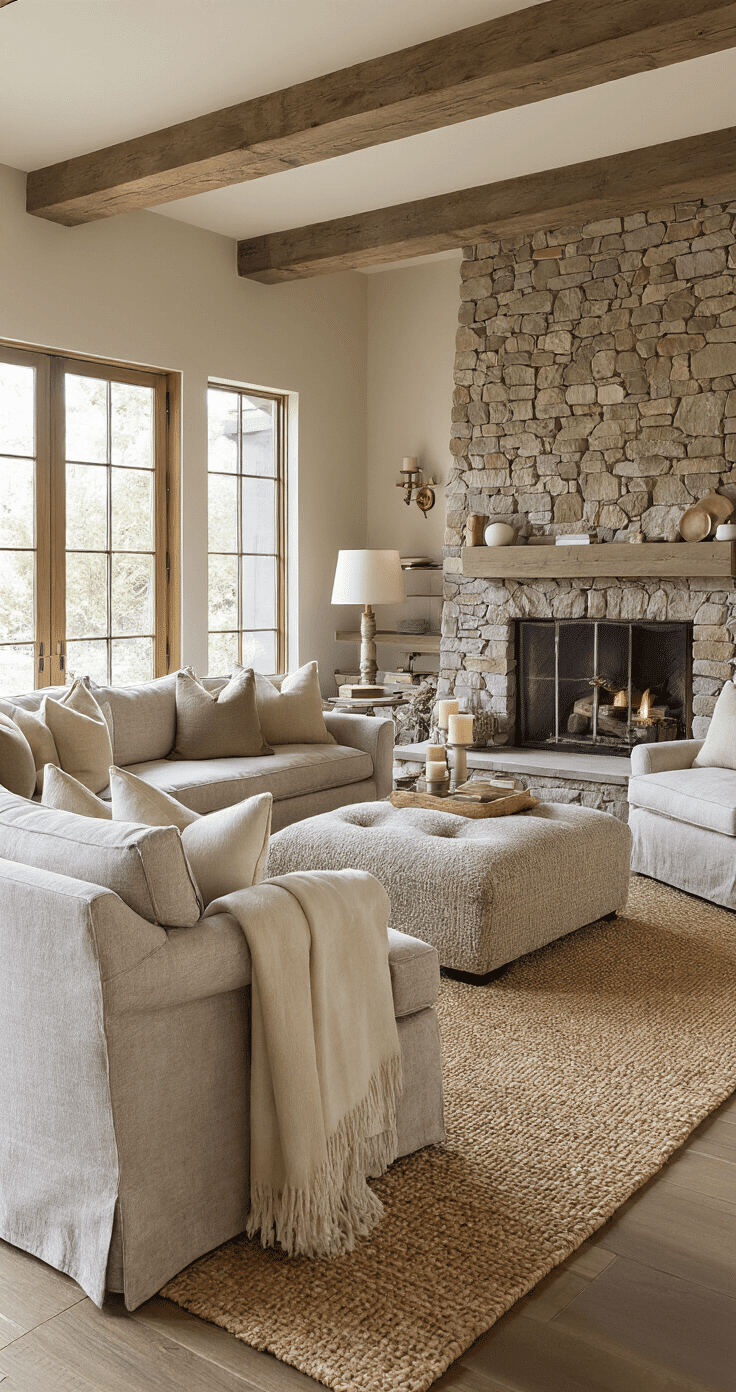 A cozy living room arranged with floating seating around a stone fireplace, featuring a comfortable sectional, upholstered chairs, and an ottoman, illuminated by layered lighting, with rich textures and warm earth tones, inviting connection and comfort.