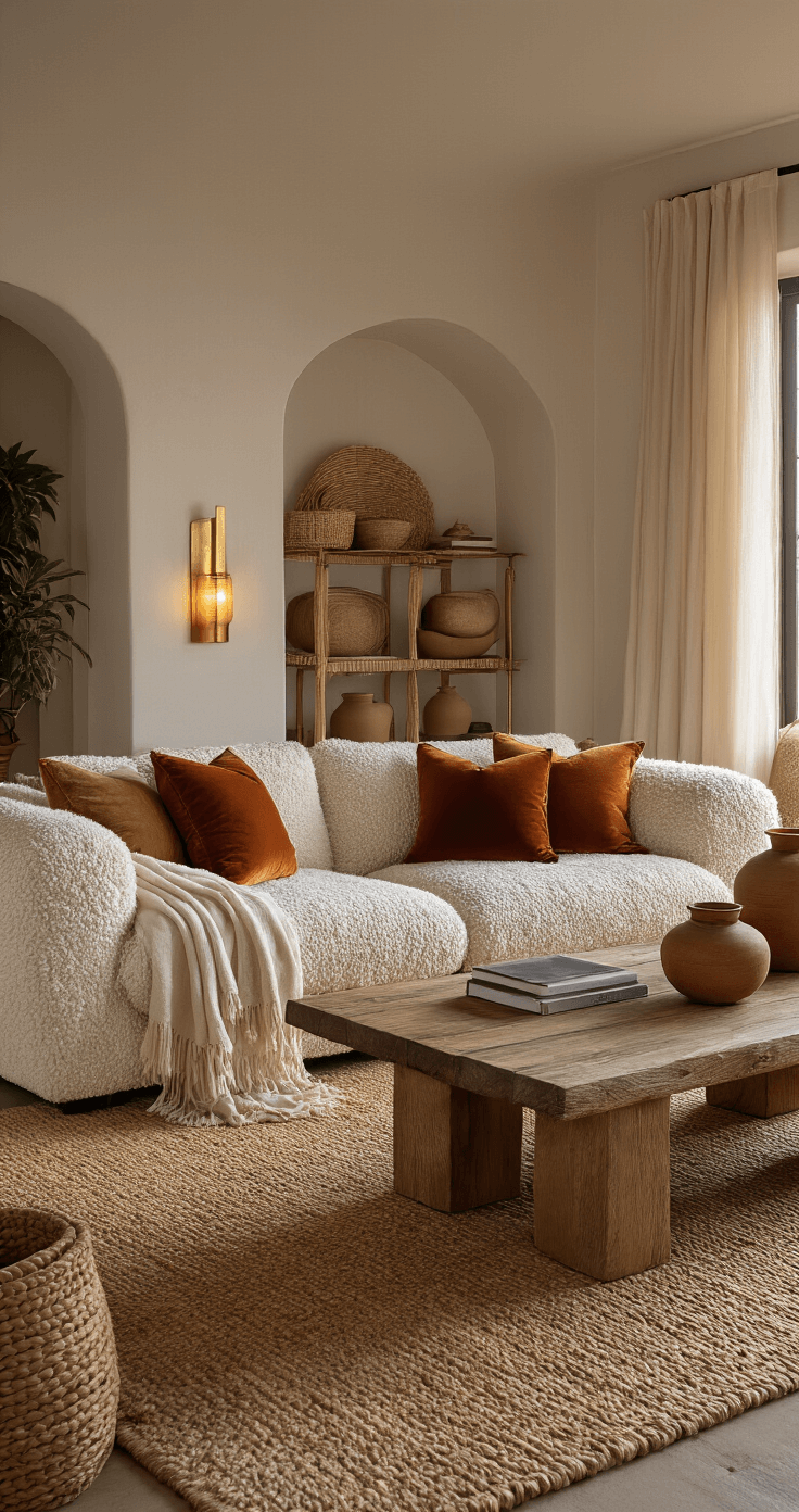 Texture-rich living room bathed in warm evening light, featuring a wool bouclé sofa, velvet pillows, mohair throws, and a sisal rug, complemented by a raw wood coffee table, woven storage baskets, and ceramic vessels, all enhanced by warm brass fixtures for ambient lighting.