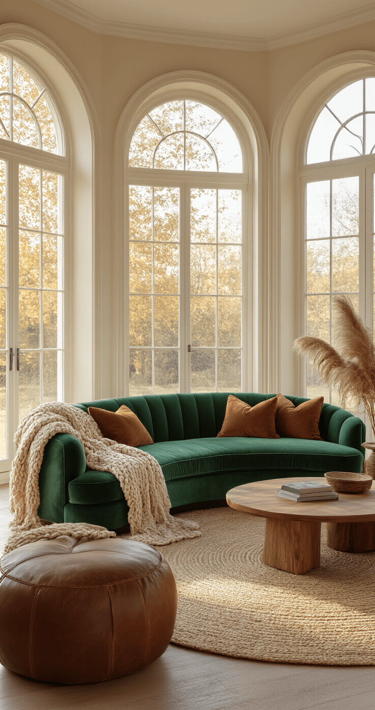 Photorealistic boho living room with an emerald velvet curved sofa, cream walls, warm afternoon light, and rich textures like chunky knit throws and a leather ottoman, featuring deep saturated colors and low-profile contemporary furniture.