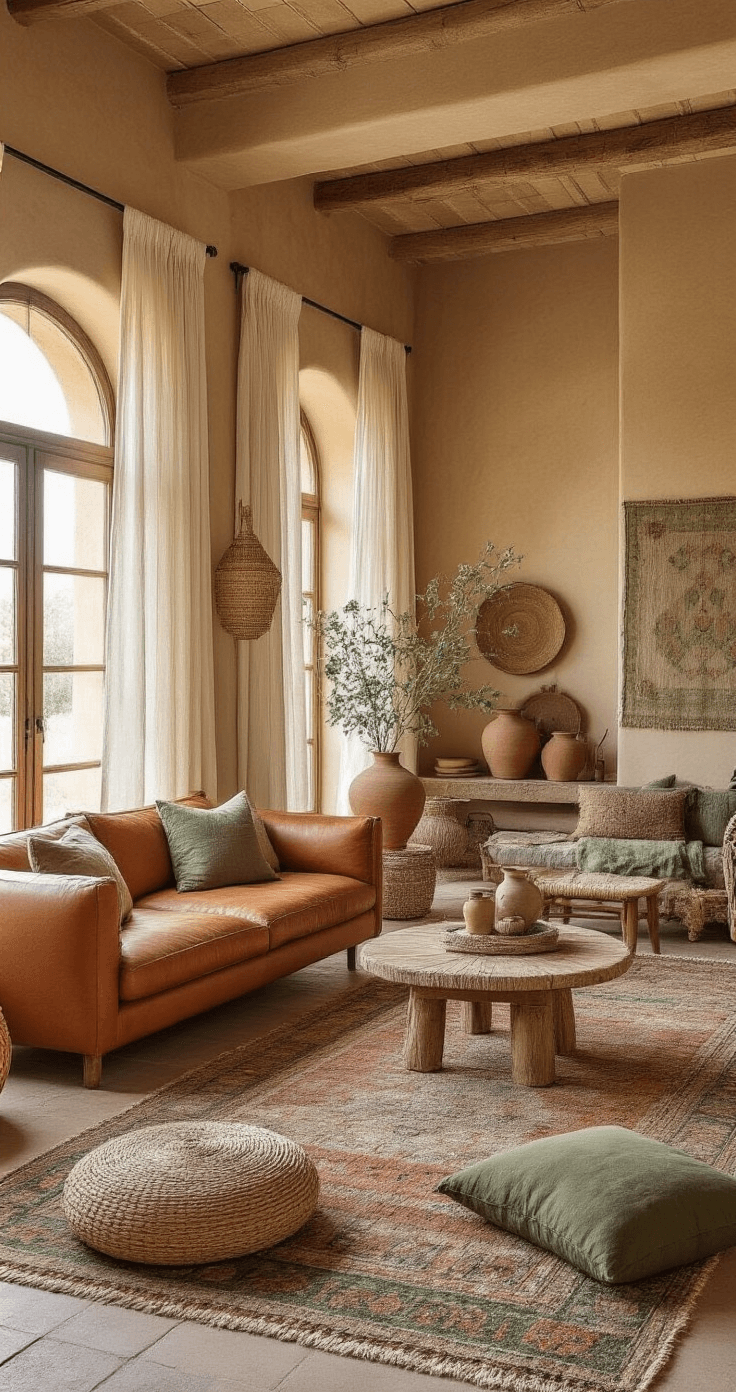 Cozy boho living space with rust, sage green, and dusty blue hues, featuring high ceilings, terracotta walls, caramel leather seating, and layered vintage kilim rugs, all bathed in warm morning light.