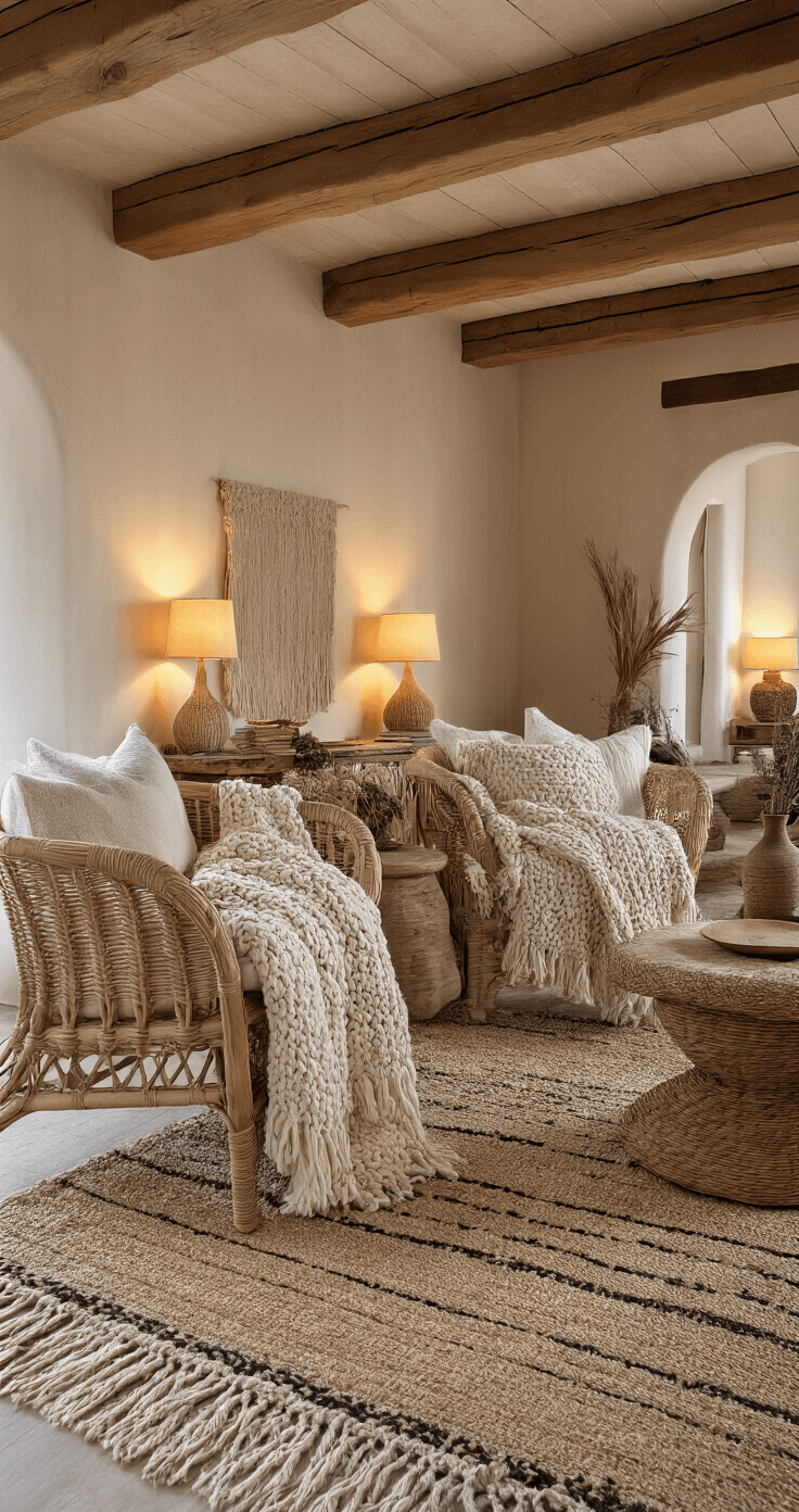 A cozy boho living room featuring exposed wooden beams, wicker chairs draped with chunky knit blankets, and layered Moroccan rugs. The space is filled with earthy tones of cream and brown, showcasing a mix of textures like smooth leather, rough jute, and polished rattan. Soft evening light from table lamps casts warm shadows, highlighting the tactile surfaces and creating intimate pools of illumination.