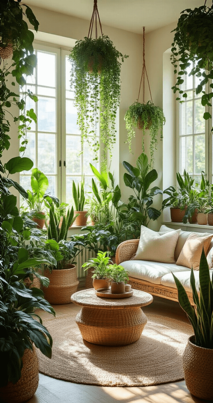 A vibrant boho living room filled with various green plants, featuring large windows allowing mid-morning light, woven baskets for rubber plants, cascading pothos from the ceiling, snake plants in corners, and a dramatic fiddle leaf fig, all presented in earthy ceramic pots and natural fiber planters against a neutral backdrop.