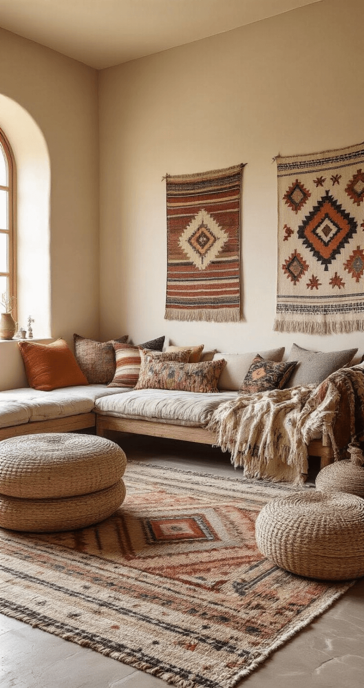 A cozy boho living room featuring layered textiles with a large muted geometric rug, vintage kilim overlays, throw blankets, and mixed-pattern pillows, all illuminated by warm golden hour light, with wall tapestries as focal points.