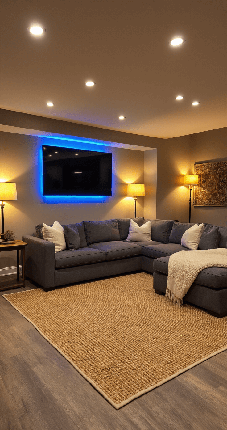 Photorealistic basement lounge featuring a low ceiling with warm white downlights creating intimate lighting, a charcoal sectional sofa with cream throw pillows, layered jute and Persian rugs, blue-tinged LED strip lighting behind a wall-mounted TV, and table lamps with warm bulbs, all contributing to a cozy evening atmosphere.