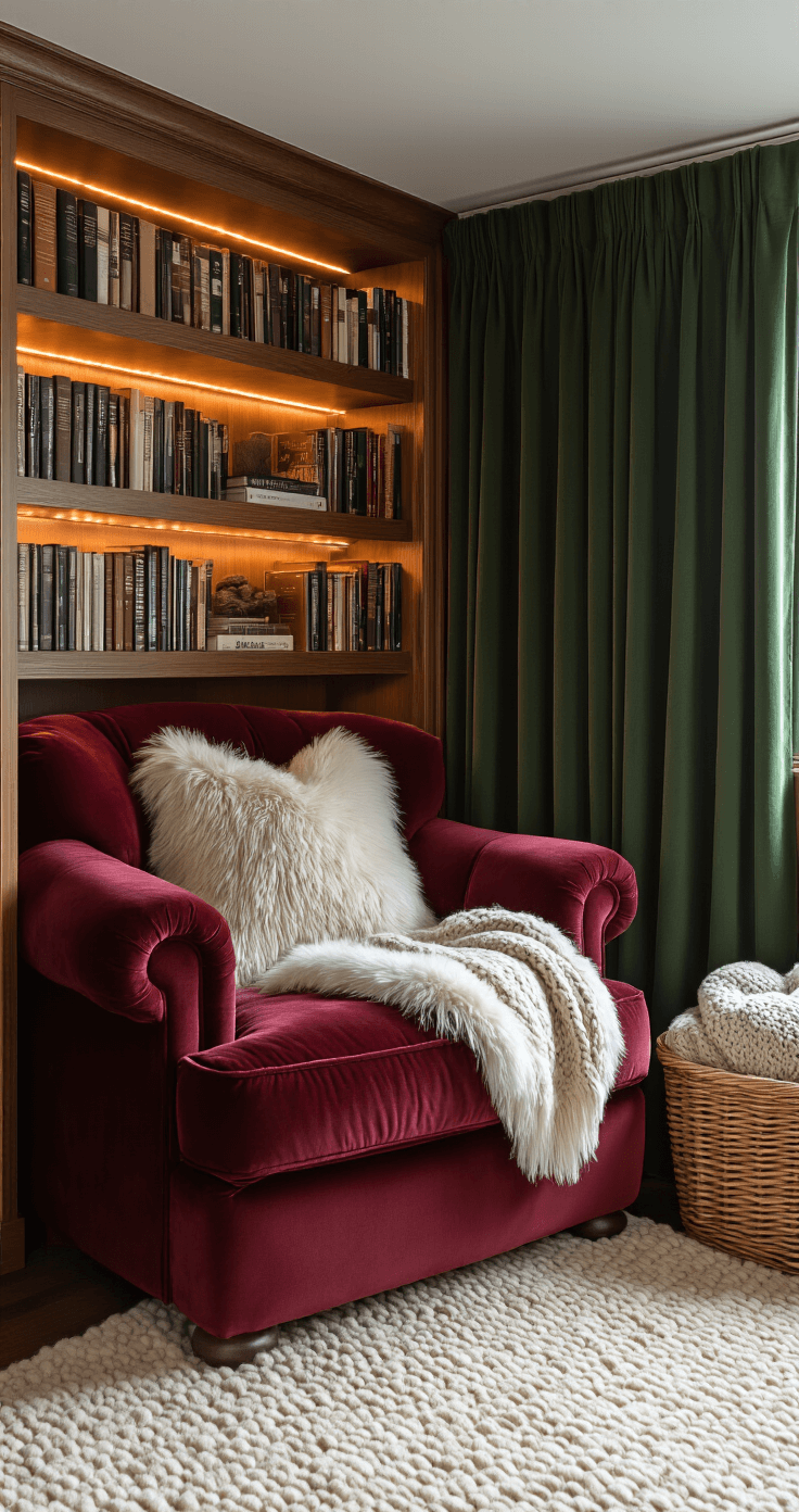 Cozy basement reading nook featuring a burgundy velvet armchair with a faux fur throw, surrounded by rich textile layers, a wicker basket of knitted blankets, and a thick cream wool rug, all illuminated by warm LED strips beneath a built-in bookshelf, with deep green curtains framing a small window and soft afternoon light filtering through.