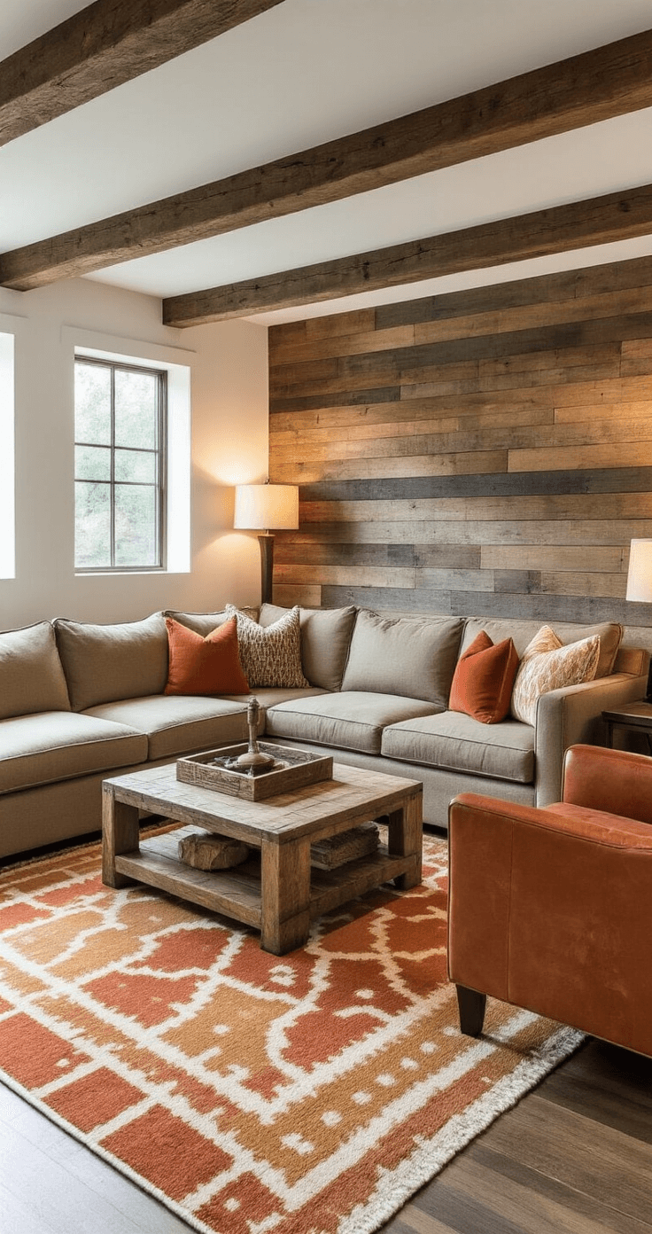 Basement family room featuring warm wood and earth tones with a charcoal gray exposed beam ceiling, a reclaimed wood accent wall, and a sectional sofa. The space includes oak and walnut furniture, a rust and cream geometric area rug, and throw pillows in terracotta, sage green, and mustard yellow. Natural light from an egress window and warm table lamps enhance the cozy, inviting atmosphere.