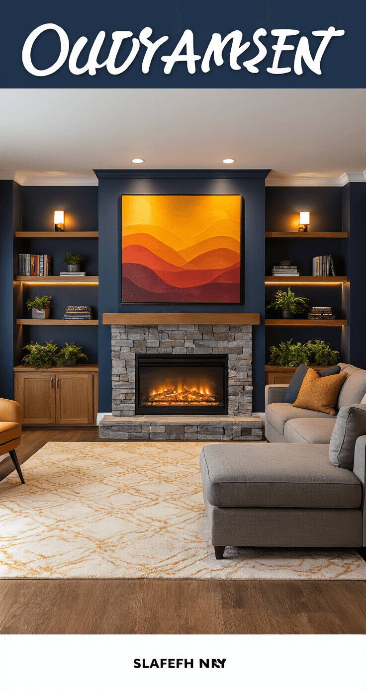A cozy basement entertainment area featuring a modern sectional beneath a large warm-colored abstract artwork, with a stone-surround electric fireplace as the centerpiece. Floating shelves with LED backlighting showcase books and plants. The space has deep navy walls with warm wood trim, layered lighting, and a plush cream and gold area rug, creating a dramatic evening atmosphere.