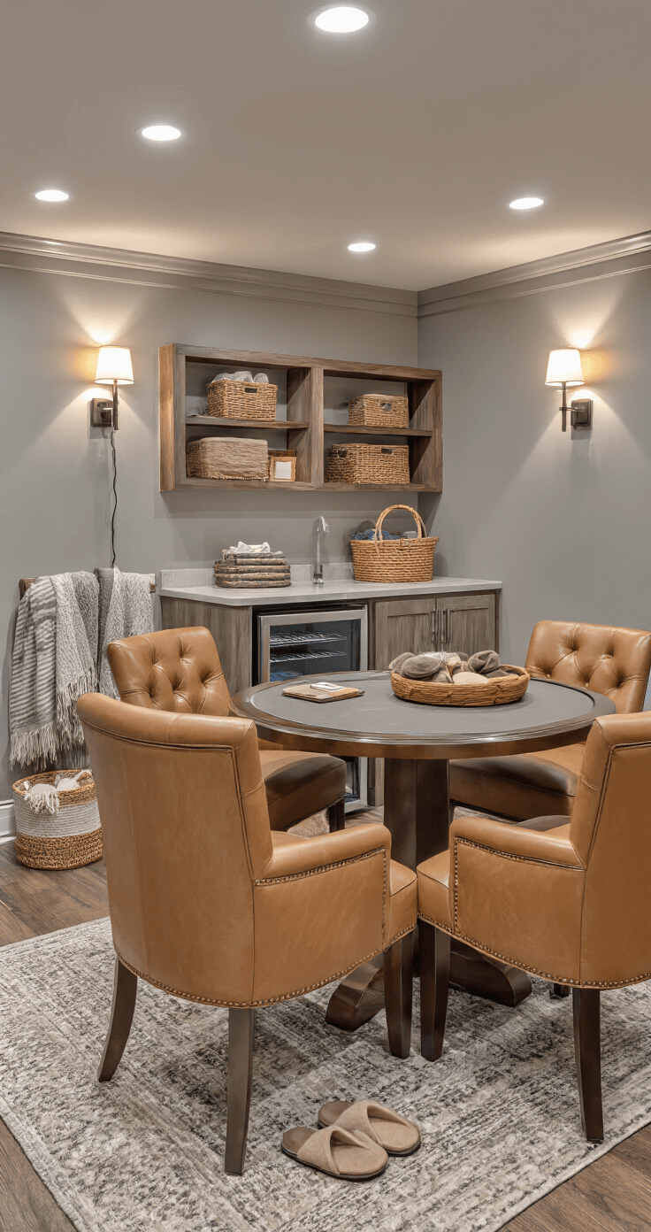A cozy functional basement game room featuring a round camel leather upholstered game table with chairs, a mini fridge, wooden snack station, and baskets of slippers and throws, all illuminated by task lighting and ambient sconces. The space has layered rugs, warm gray walls with wood accents, and a phone charging station, ready for social gatherings.