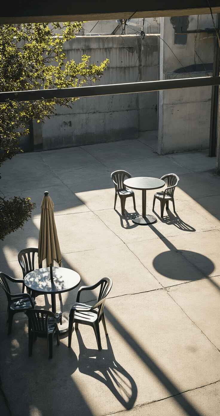 Wide-angle view of a stark concrete patio featuring minimal, uncomfortable plastic furniture under harsh overhead lighting, with a lonely bistro set and a tilted umbrella, evoking an uninviting atmosphere.