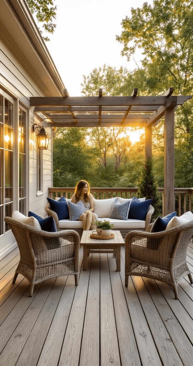 A cozy patio scene during golden hour featuring a plush outdoor loveseat facing two wicker chairs around a low coffee table on a weathered wood deck, adorned with soft navy and cream cushions, with warm ambient light filtering through an overhead pergola.