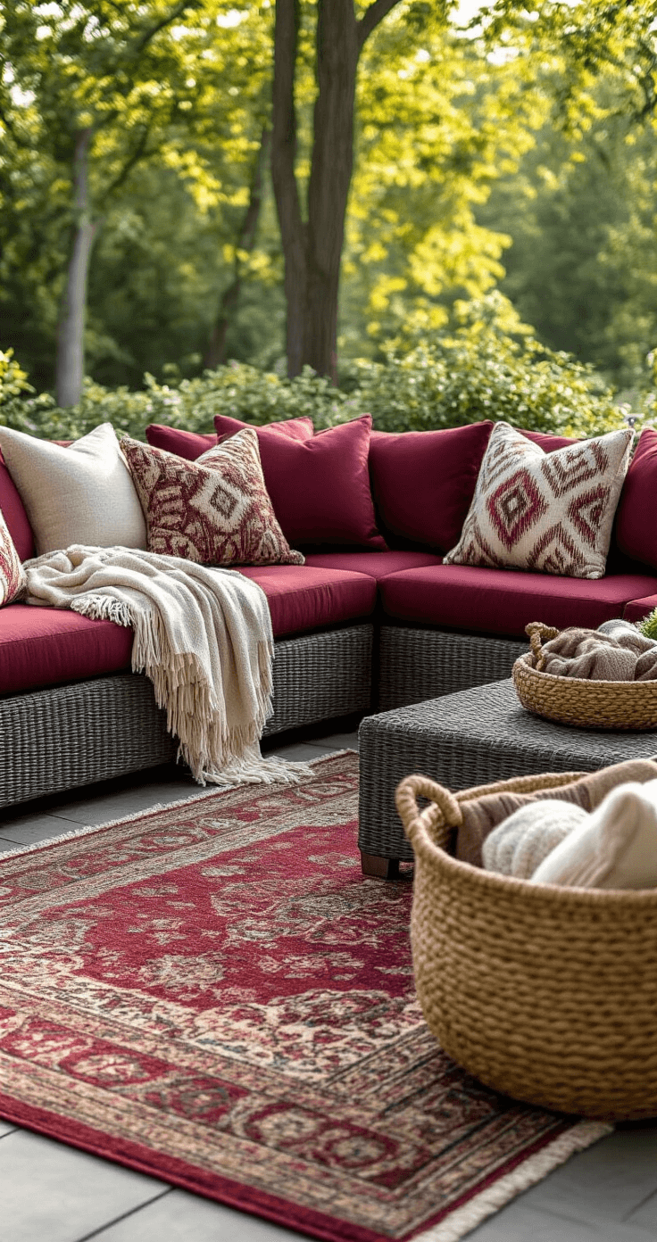 A cozy outdoor sectional adorned with burgundy cushions, patterned throw pillows, and artfully draped cashmere blankets, all set on a rich outdoor rug. A woven basket filled with extra throws is nearby, highlighting the texture and fabric richness in the late afternoon light.