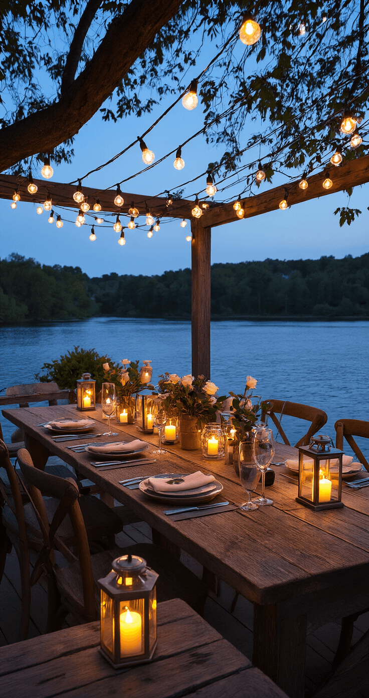 A cozy dining setup illuminated by a magical canopy of zigzag warm white bulbs, solar lanterns on side tables, and battery candles in glass hurricanes, all creating a romantic ambiance during the twilight blue hour, with soft shadows playing across weathered wood surfaces.