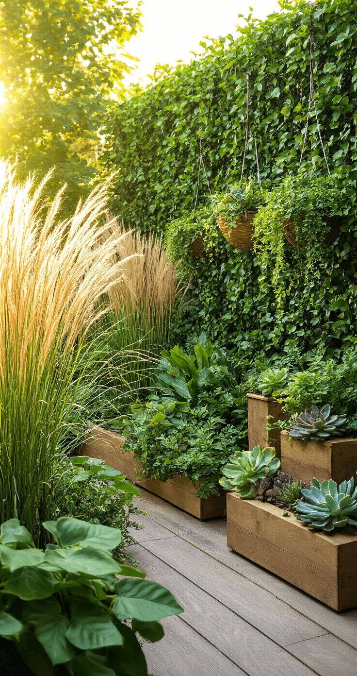 A serene garden sanctuary featuring a lush privacy screen with varied plant heights, illuminated by morning golden light. Tall ornamental grasses anchor the corners, while trailing ivy cascades from hanging baskets and clustered succulents adorn natural wood plant stands, all set against a verdant green backdrop. The elevated angle captures the harmonious transformation of the space.