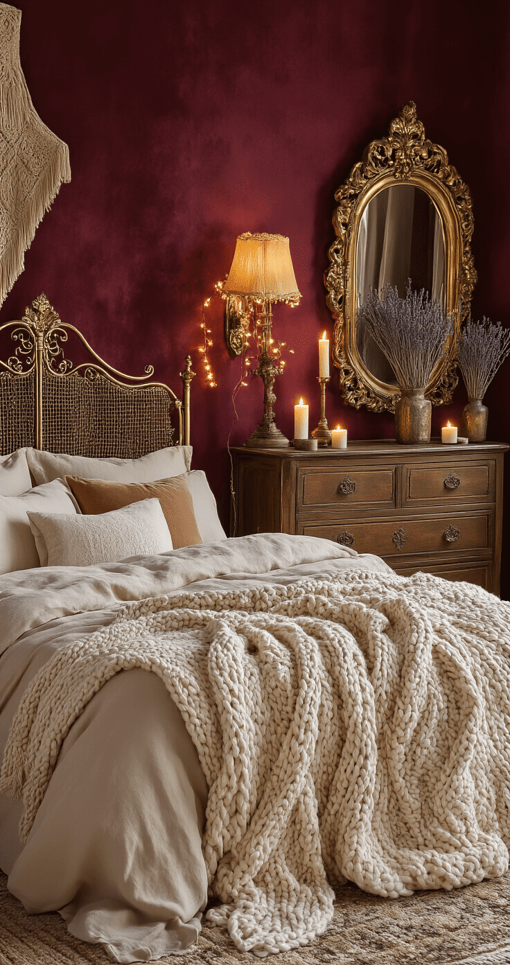 A cozy maximalist bedroom featuring deep burgundy velvet walls, a vintage brass bed frame with intricate details, and layered textures of a chunky cream knit throw, soft beige linen sheets, and silk cushions. An antique wooden dresser with patina, an ornate gold-framed mirror, and a dried lavender bouquet complete the scene. The warm amber lighting from a fabric-shaded table lamp, fairy lights, and battery candles creates an intimate atmosphere, captured with a shallow depth of field for a cinematic effect.