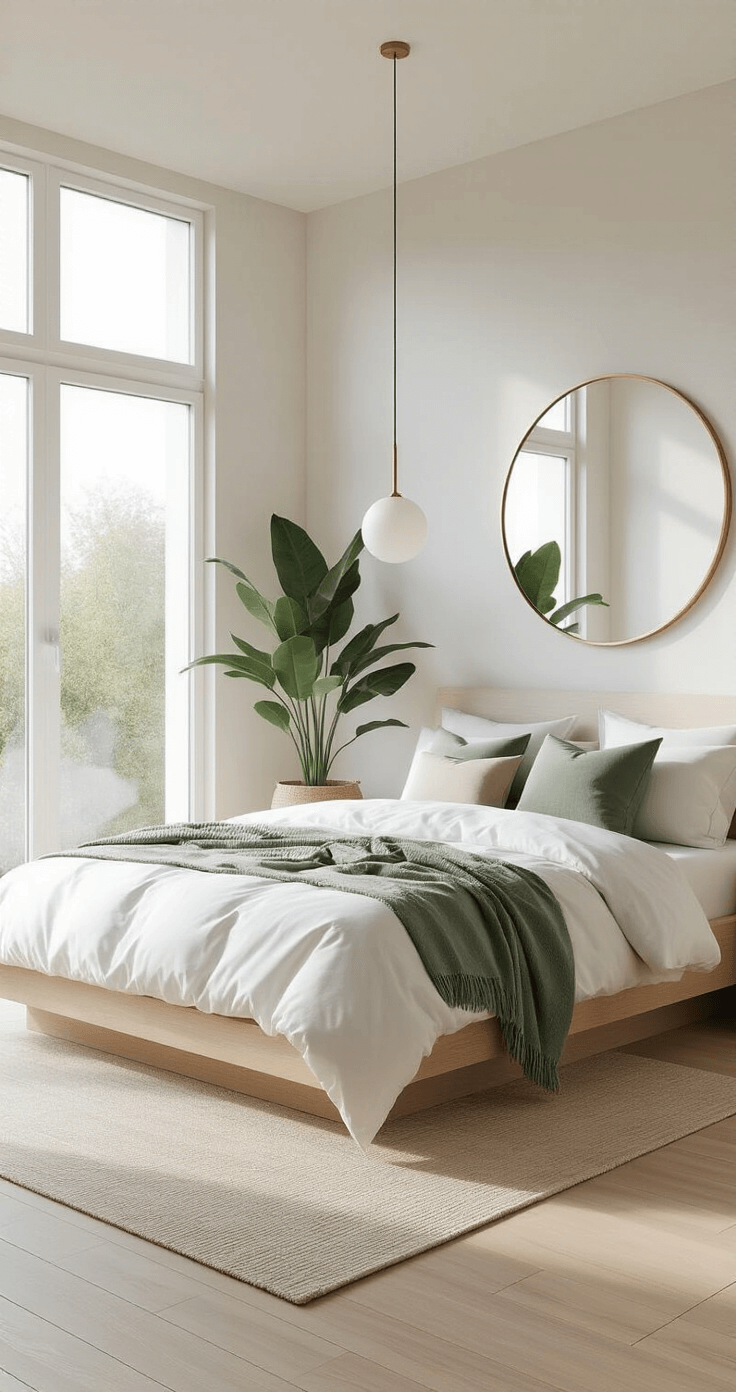 Modern minimalist bedroom featuring light oak floors and floor-to-ceiling windows with morning light, a white platform bed adorned with a sage green throw and neutral pillows, a sleek pendant light, a circular brass-framed mirror, and a large monstera plant, all captured in a spacious, calm setting.