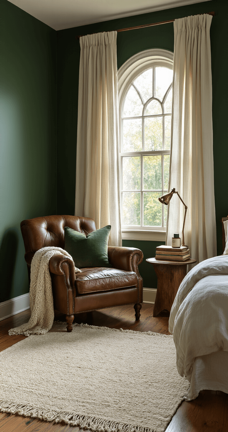 Intimate bedroom corner featuring deep forest green walls, a vintage leather armchair by a large arched window, soft linen curtains, hardwood floors with a cream wool area rug, a wooden side table with an essential oil diffuser and vintage books, layered textures of a knitted throw and velvet cushions, all captured in low angle photography for a cozy, sophisticated vibe.